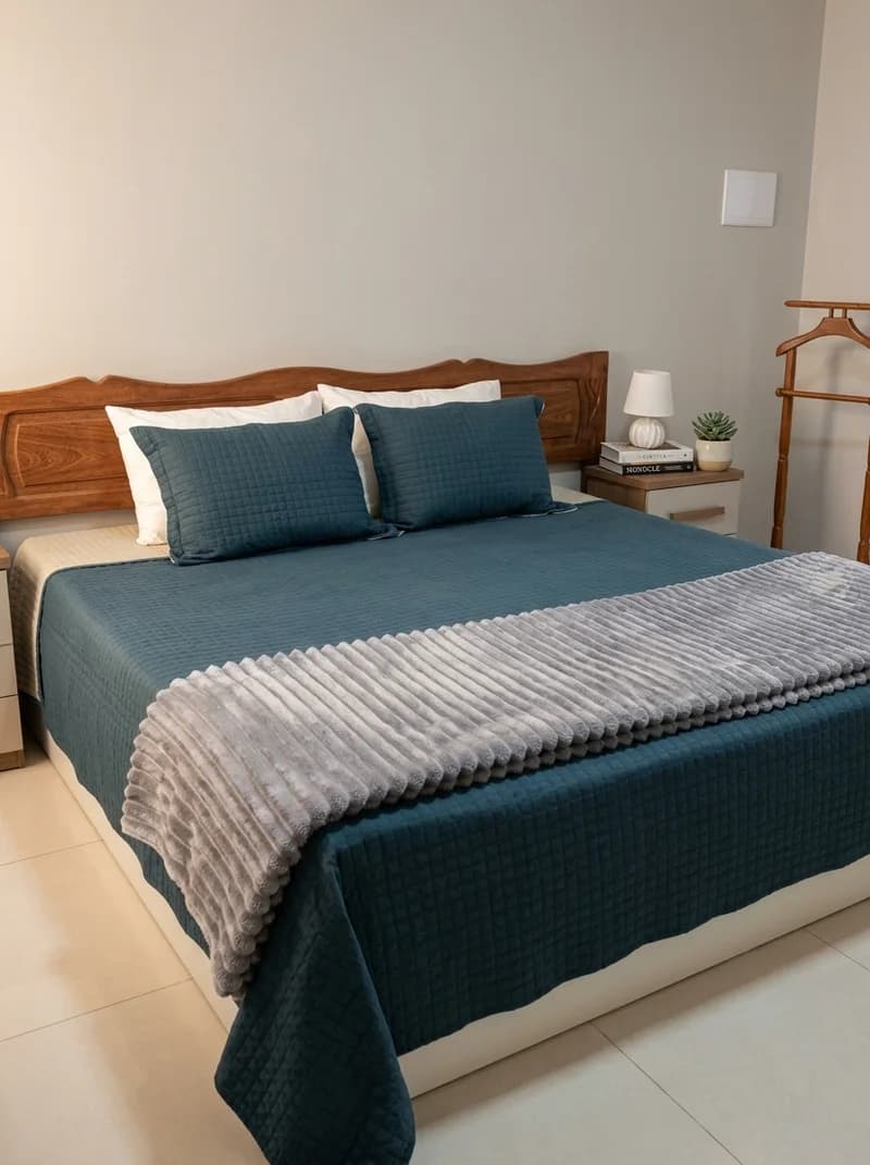 Cama de casal da Suíte Araucária, com roupa de cama azul e manta cinza