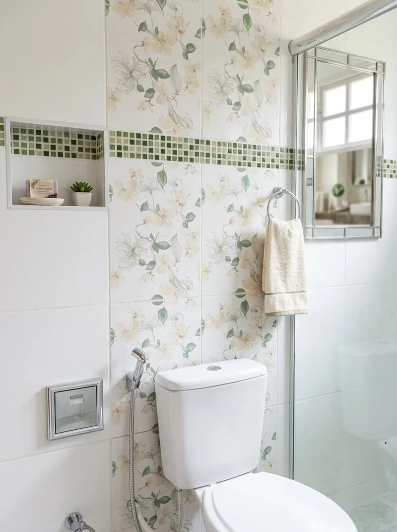 Hortênsias Suite bathroom, with floral tiling and a glass shower