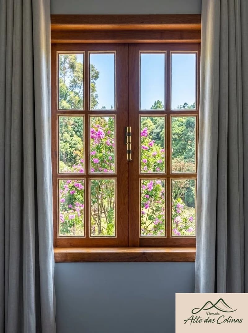 Janela de madeira da Suíte Vale, com vista para o jardim florido